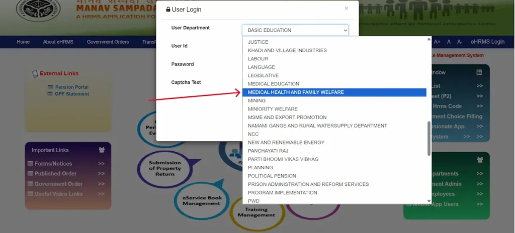 Image showing the option of Medical & Health  Family Welfare